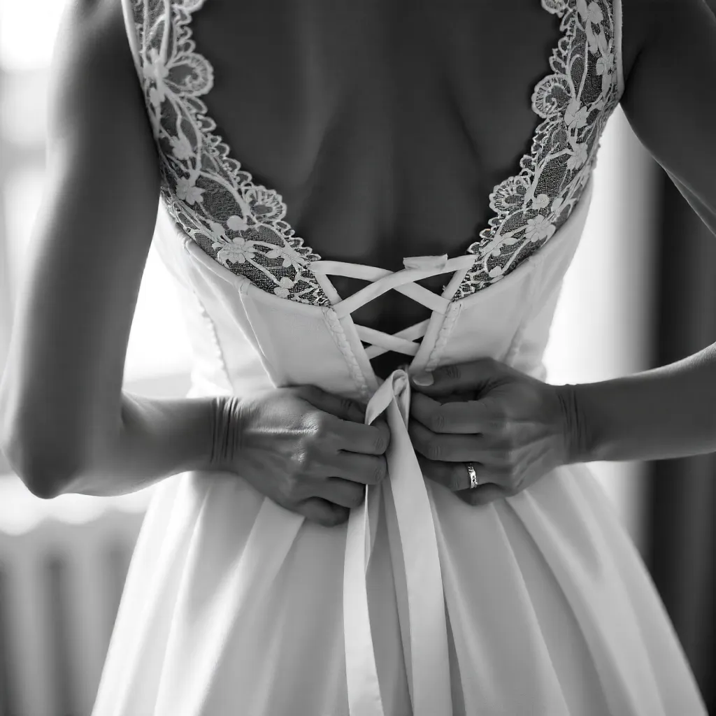 Close-Up Black-and-White: Bridal Gown Lacing with Satin Bow