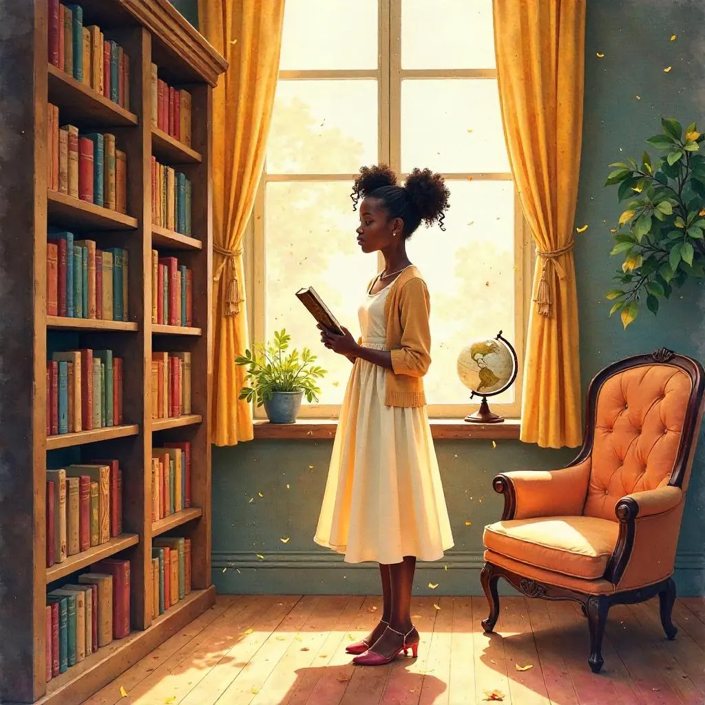 Elegant Black Girl in a Watercolor Library