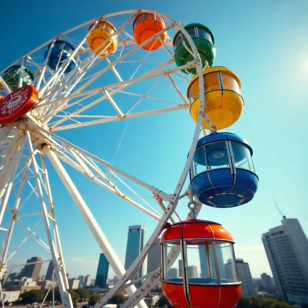 Close-Up Ferris Wheel: Urban Leisure Under Blue Sky