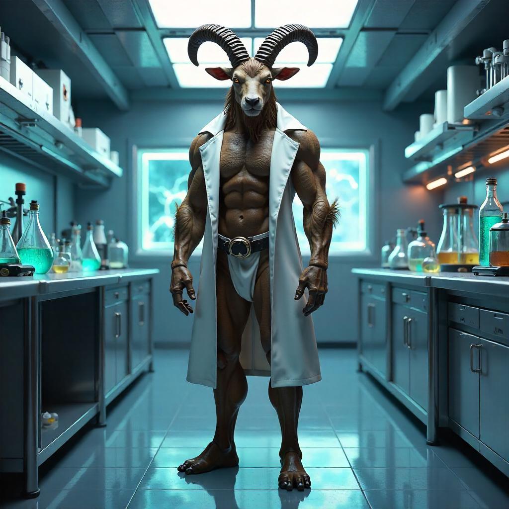 Satyr Scientist in a Neon Laboratory