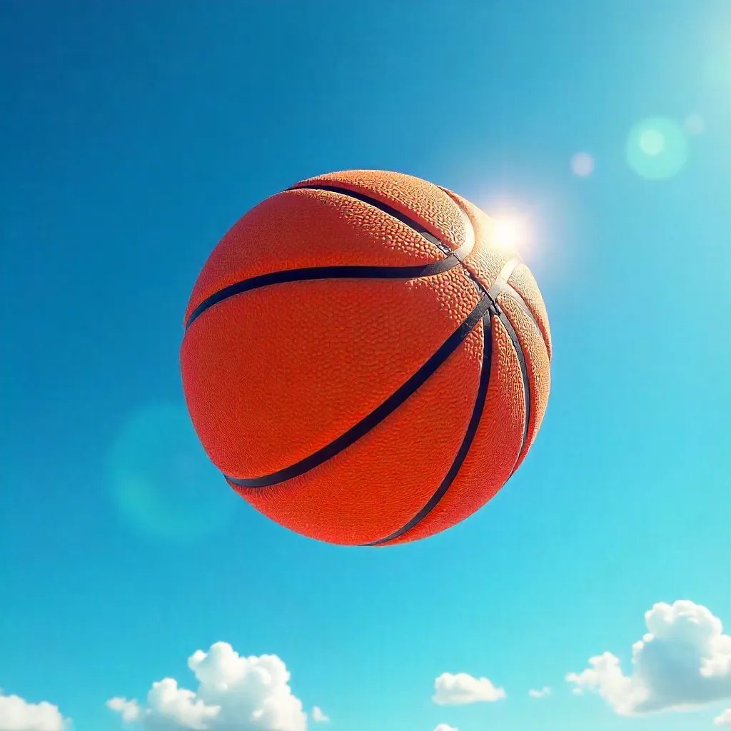 Basketball Freely Floating Against a Bright Blue Day Sky