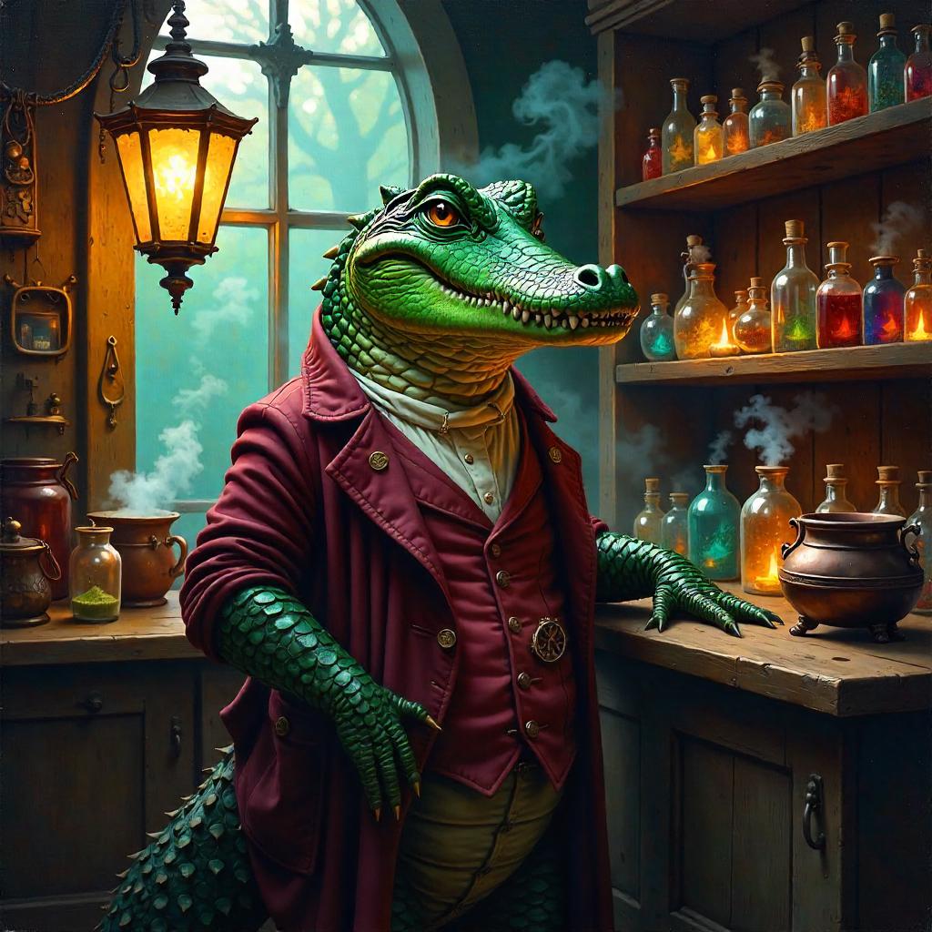 Crocodile in a Potion Shop – An Oil Painting