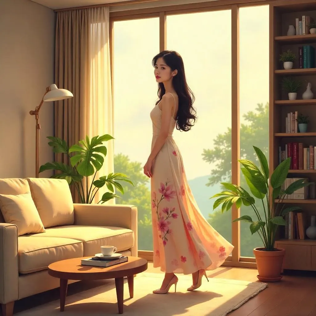 Elegant Asian Woman in an Anime Living Room
