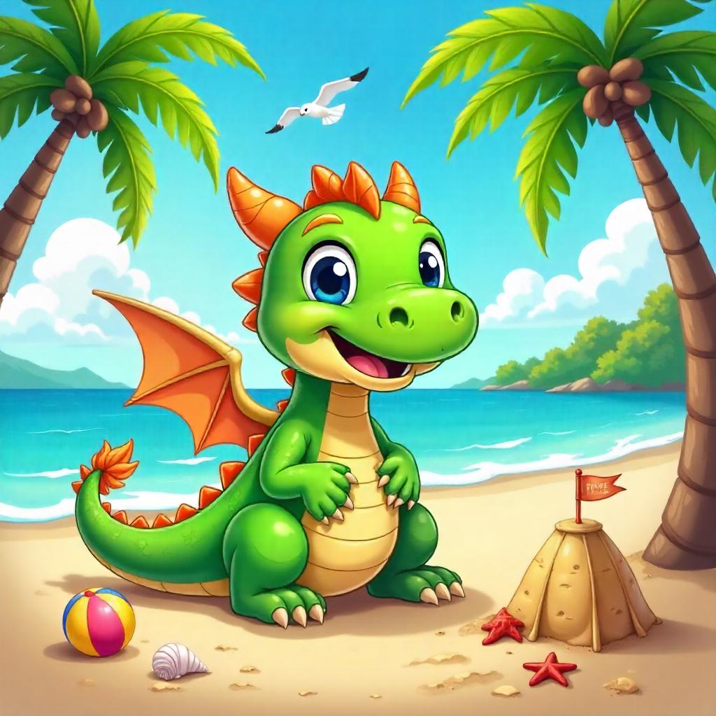 Sunny Cartoon Dragon on a Beach
