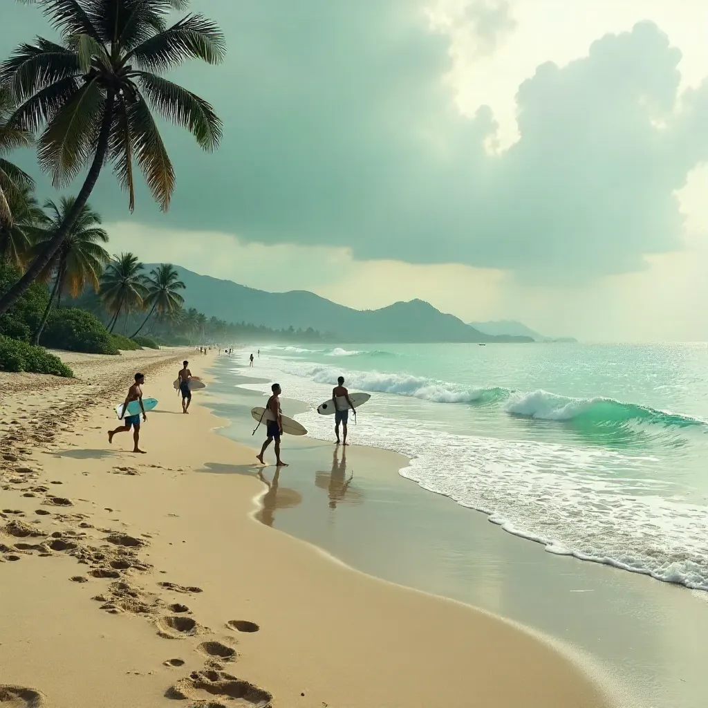 Bali Beach Surfers Under Cloudy Skies