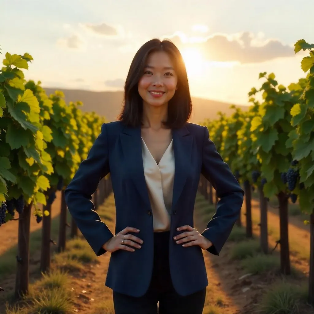 Confident Asian Woman in a Golden Hour Vineyard 3D Render