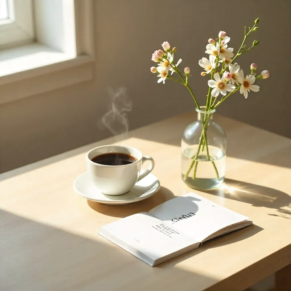 Morning Minimalist Tabletop: Coffee, Flowers, and Art Book