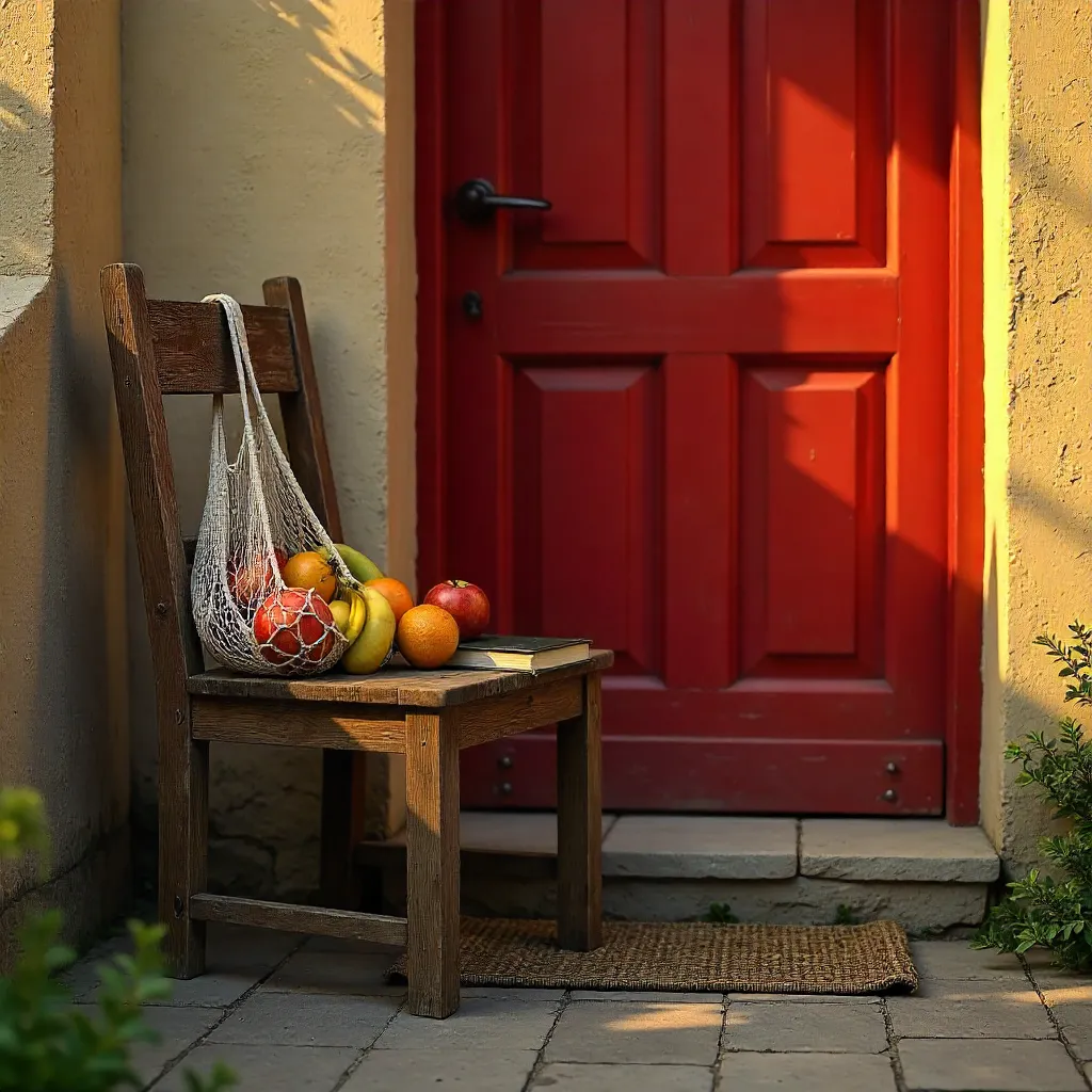 Rustic Chair by Red Door with Book and Fruit Net