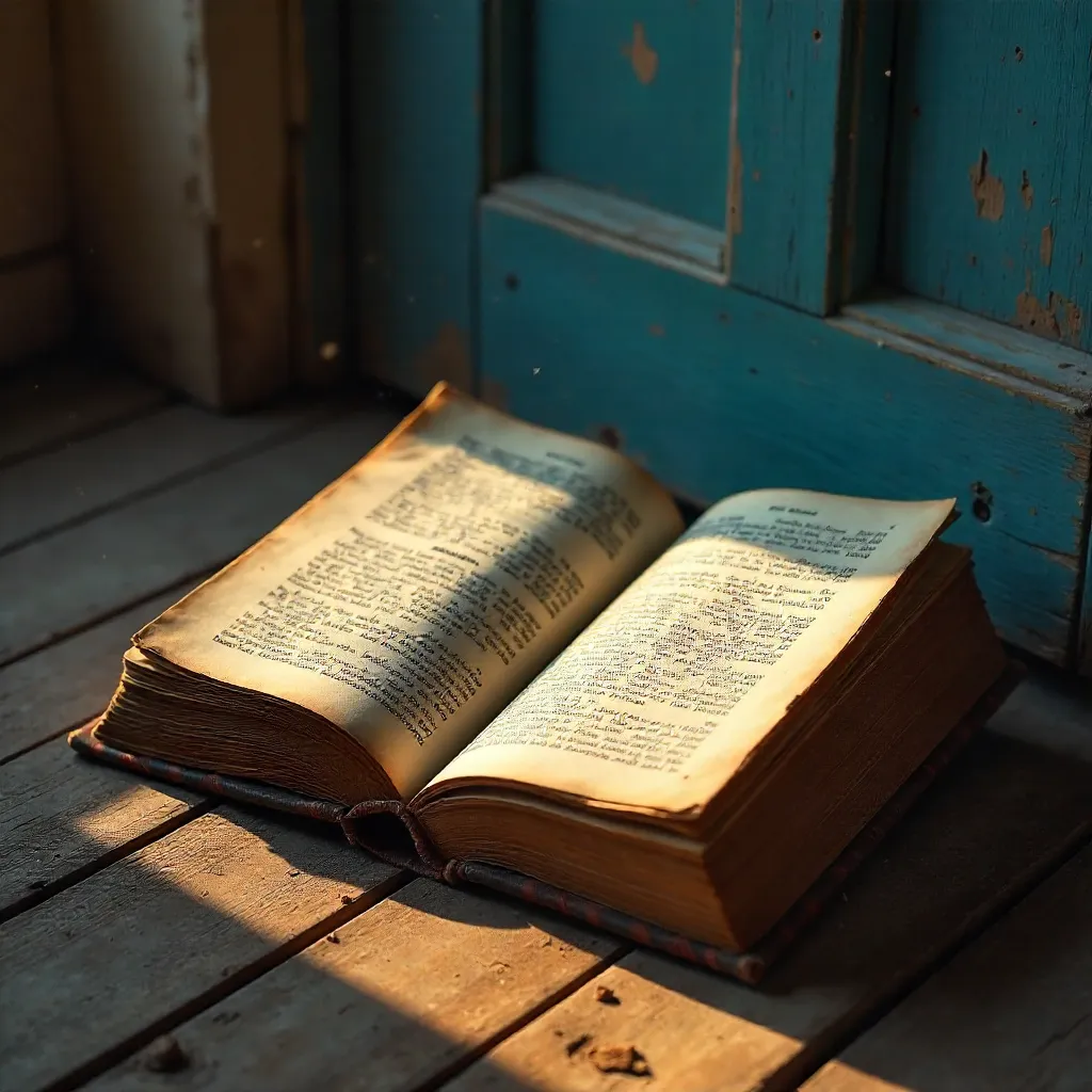 Open Vintage Book by a Weathered Blue Door