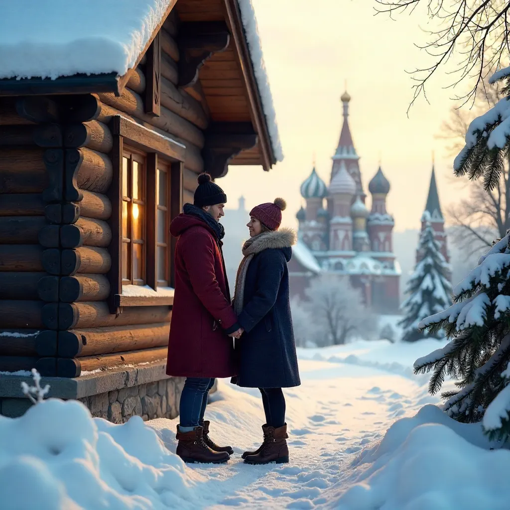 Couple in Winter by a Snowy Wooden Moscow House