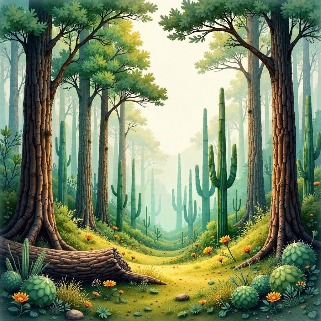 Dreamlike Watercolor Forest with Desert Cacti