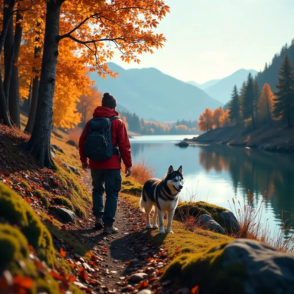 Autumn Trøndelag Hike: Man and Husky in Golden Forest