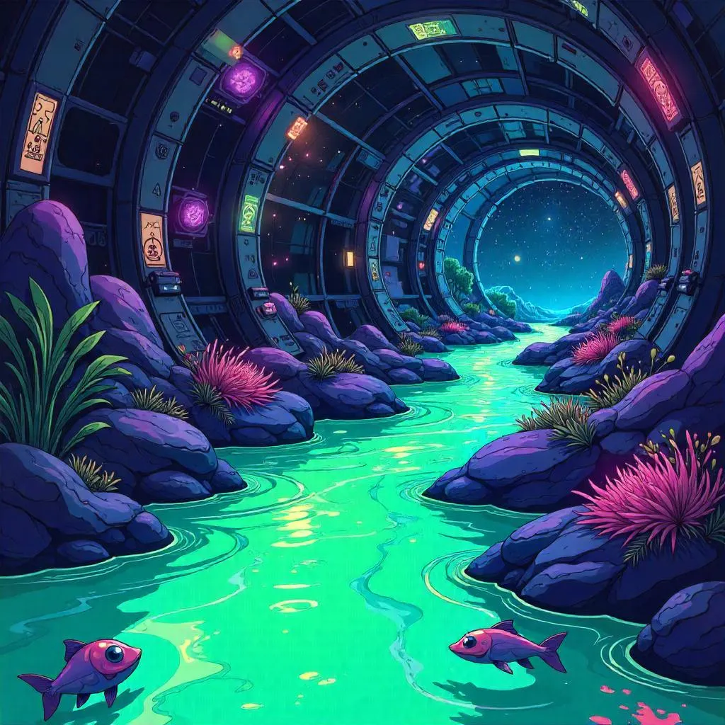 Cartoon River Flowing Inside an Alien Ship