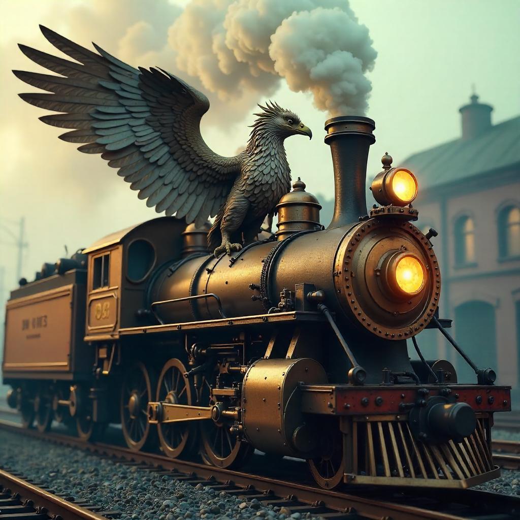 Steampunk Griffin in a Steam Locomotive - 3D Render