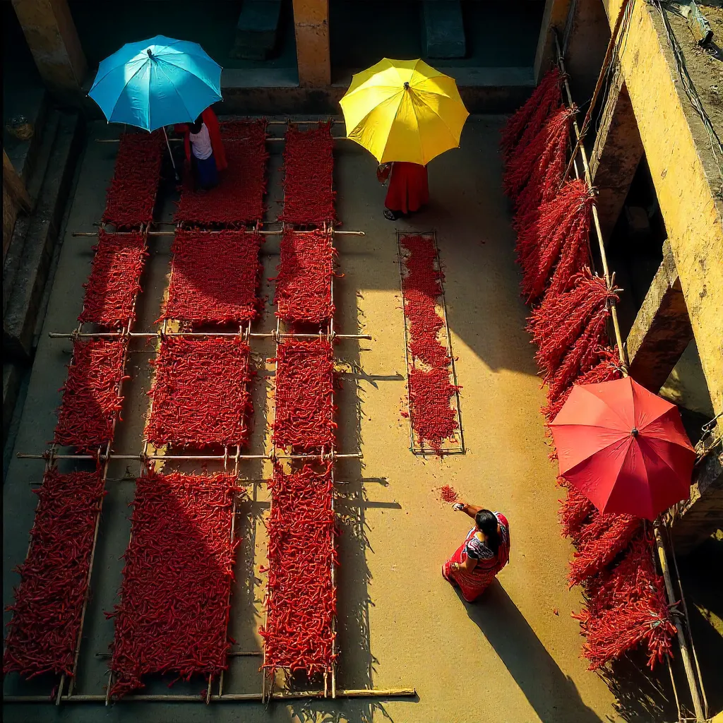 Aerial View of West Bengal Women Drying Red Chilies