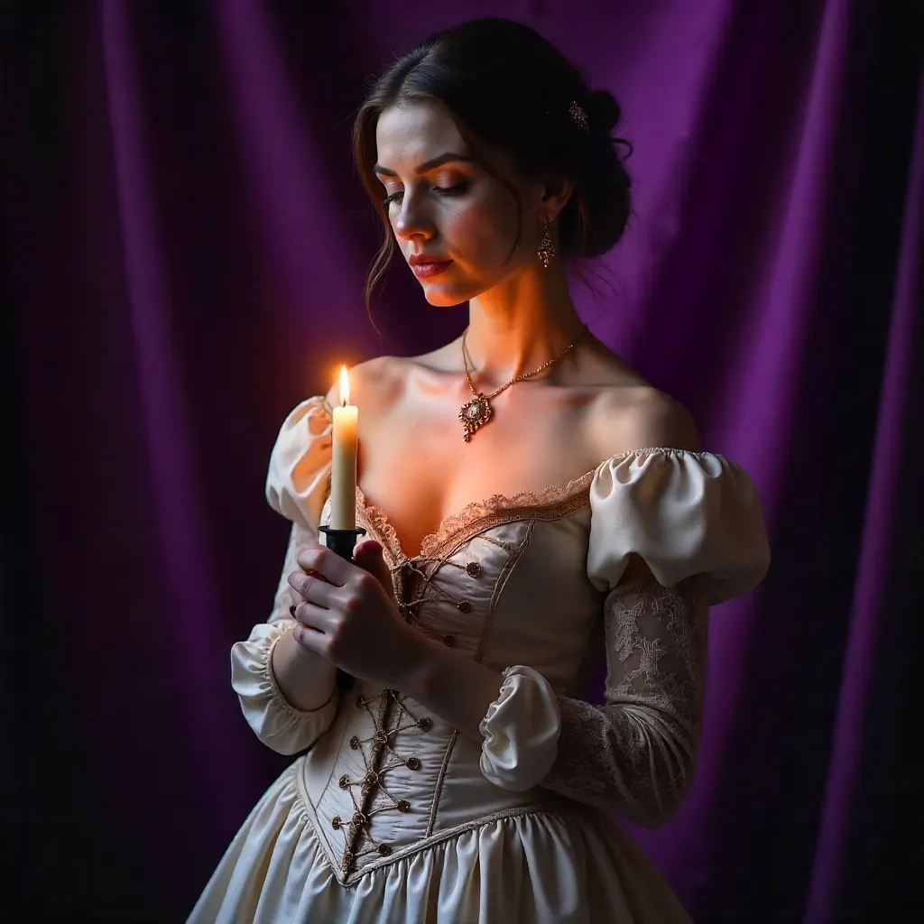 Candlelit Vintage Woman Against Purple Velvet
