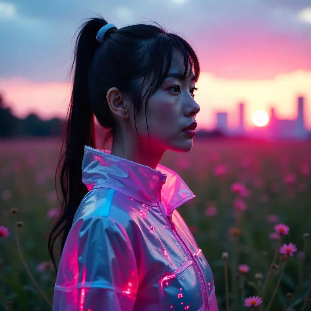 Neon Meadow: Cyberpunk Asian Woman