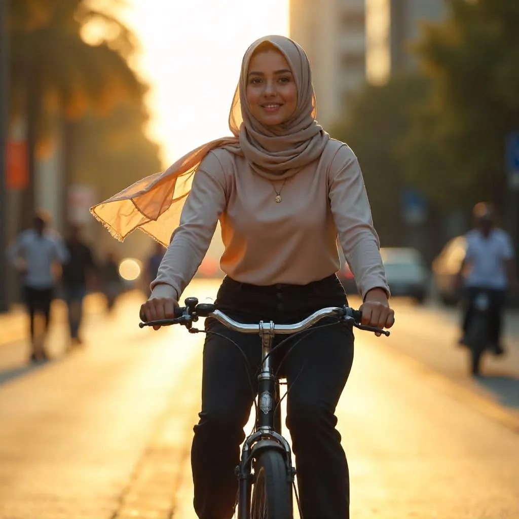 Golden-hour bike ride: Young Middle Eastern woman on a bicycle