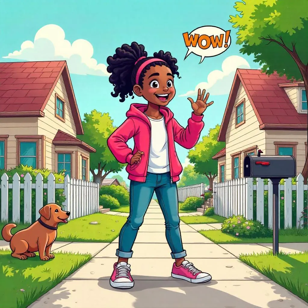Cheerful Black Girl in a Suburban Comic Panel