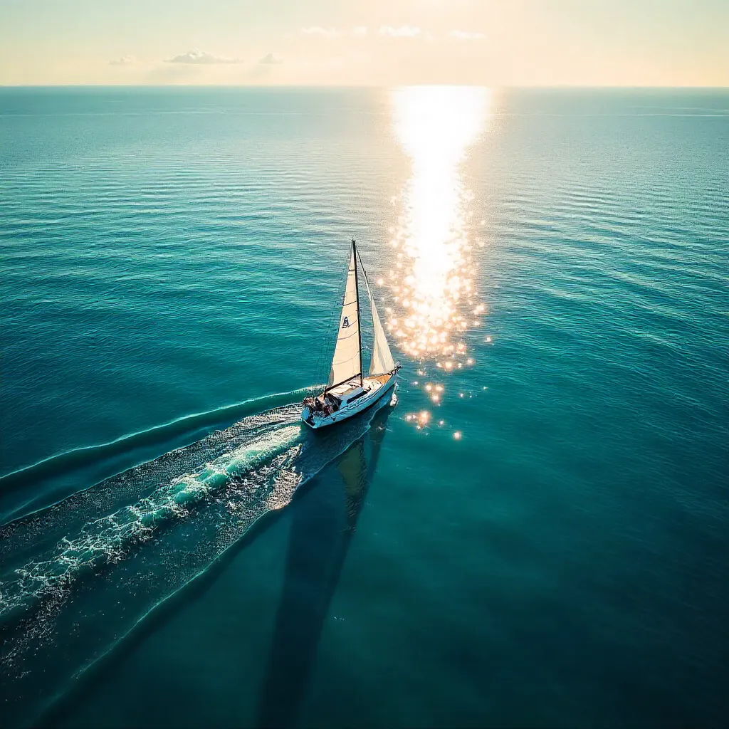 Aerial Solitary Sailboat Over Deep Blue Ocean