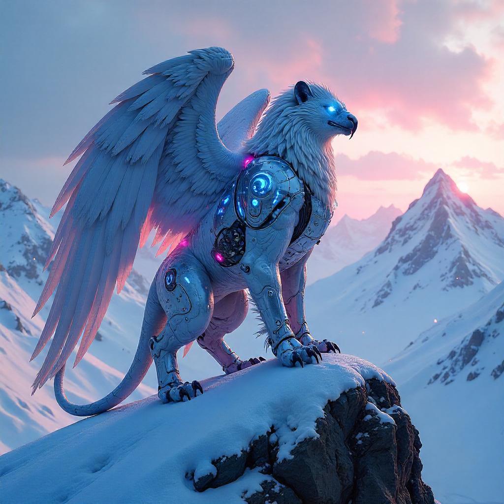 Cybergriffin on a Neon Snowy Summit