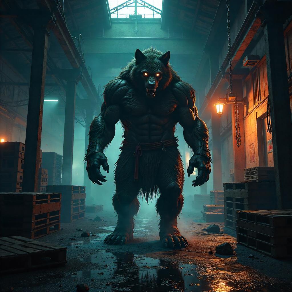 Werewolf Concept Art in a Dim Warehouse
