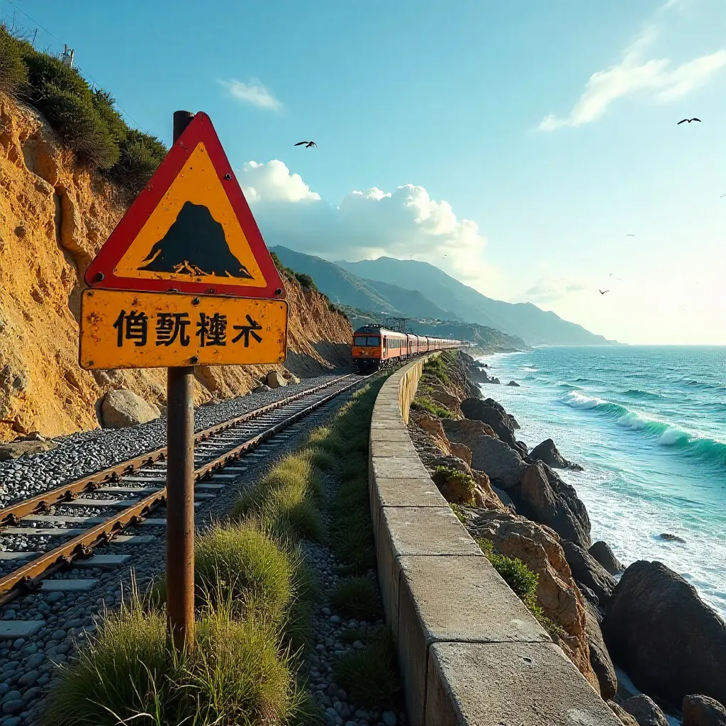 Oceanfront Railway with Erosion Warning Sign, Taitung, Taiwan