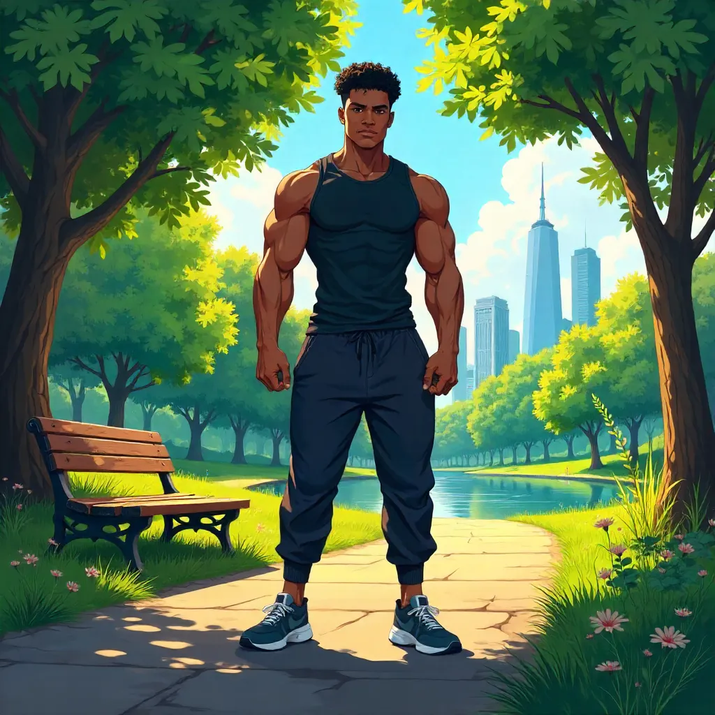 Powerful Black Man in Anime-Style Park