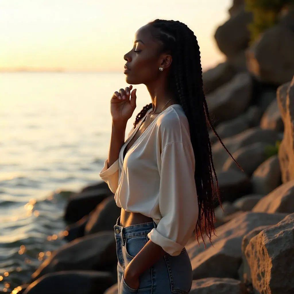 Side View of Braided Woman on a Stony Shore