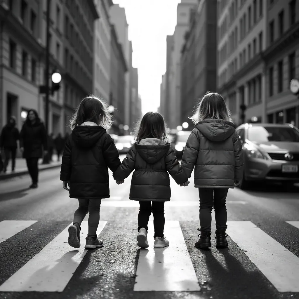 Three Children Crossing a City Street in Monochrome
