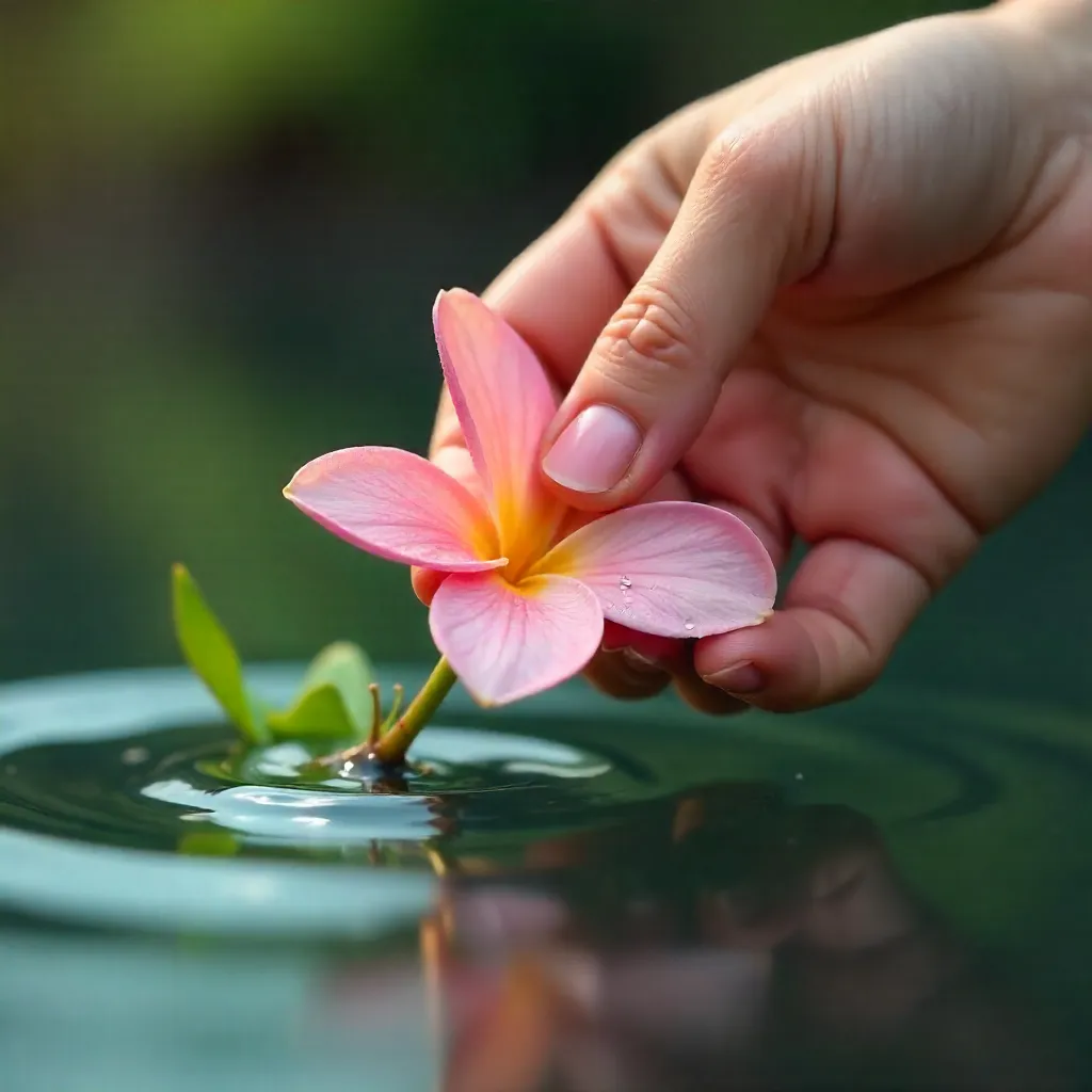 Close-Up Hand with Pink Flower over Serene Waters