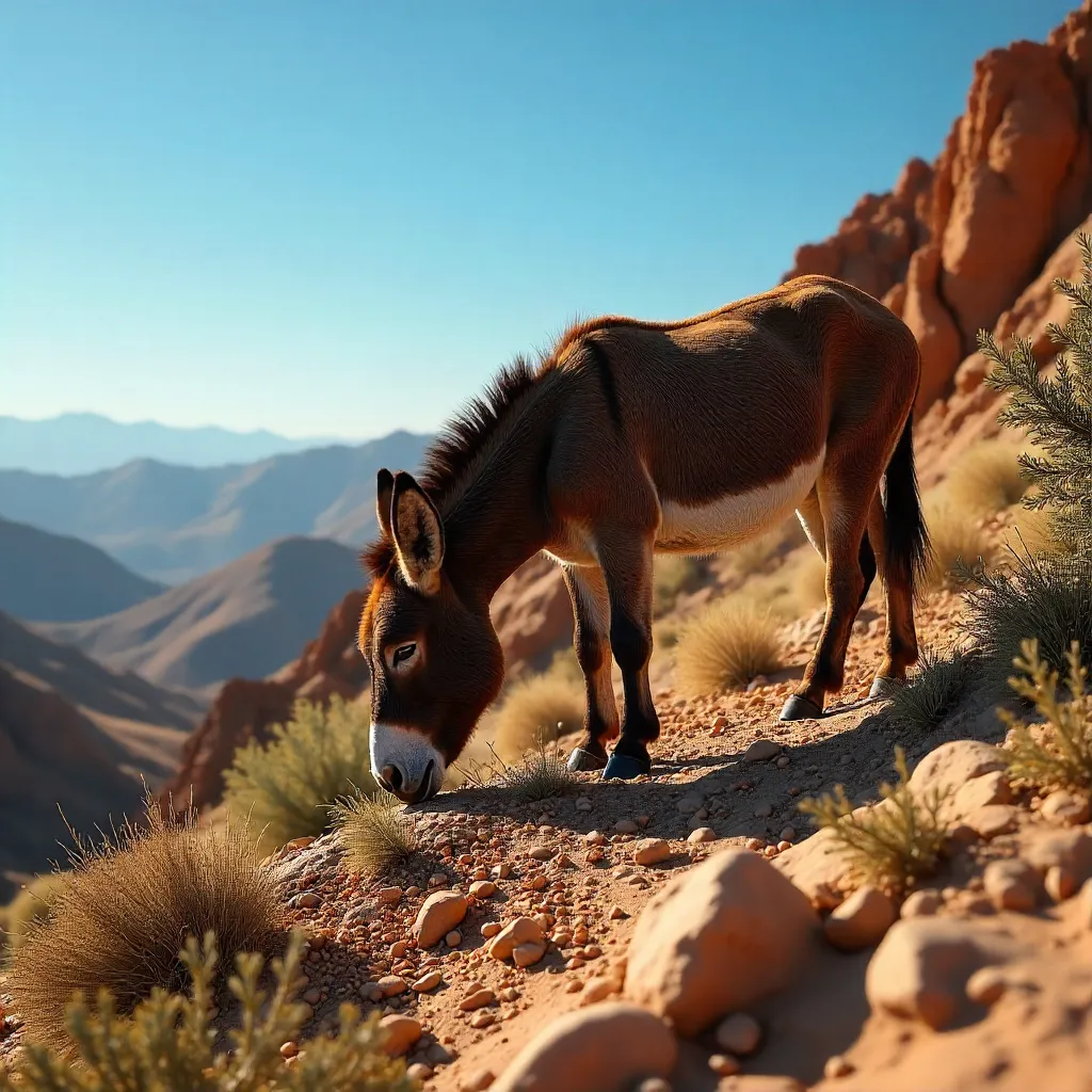 Peaceful Donkey Grazing on a Moroccan Rocky Hillside