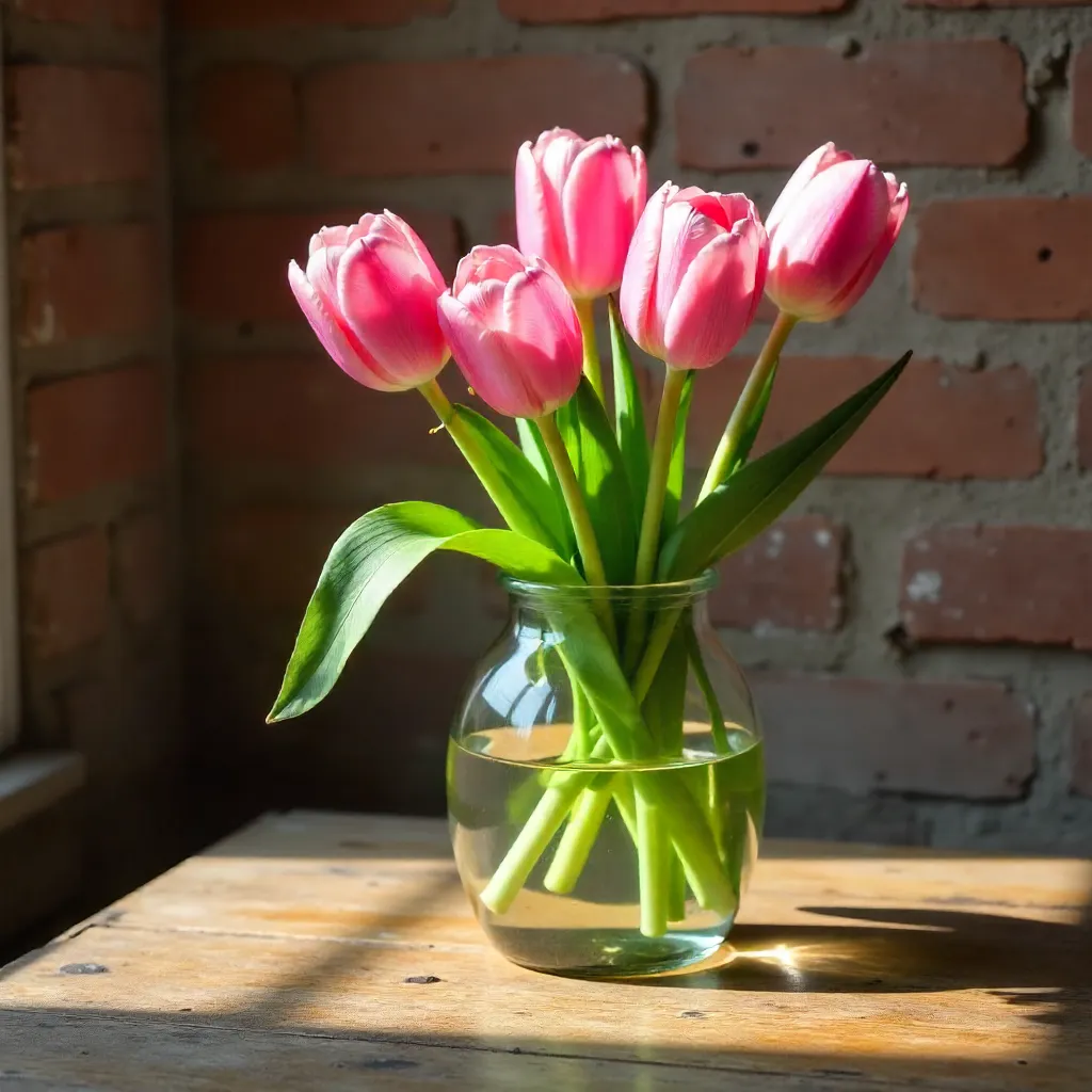 Soft Pink Tulips in a Glass Vase by Rustic Brick Wall