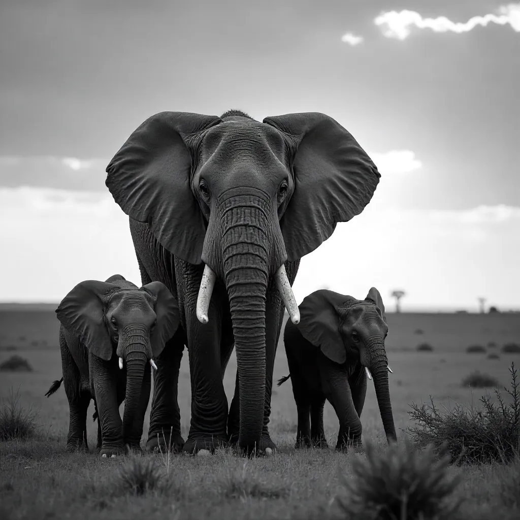 Graceful Elephant Family in Namibia — Black & White
