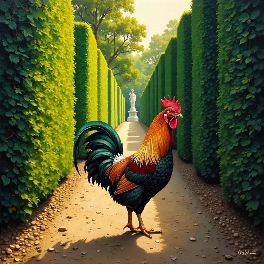 Rooster in the Hedge Maze - Oil Painting