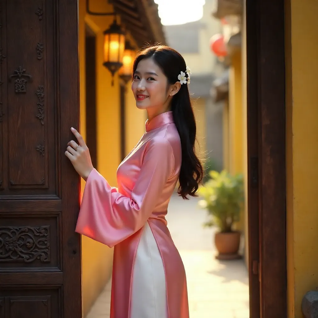 Pink Ao Dai in Ancient Hoi An Doorway