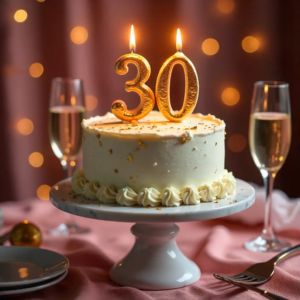 Elegant 30th Birthday Cake with Lit Candles