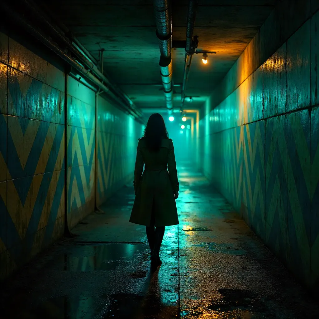 Woman in a Dim Chevron-Tunneled Corridor