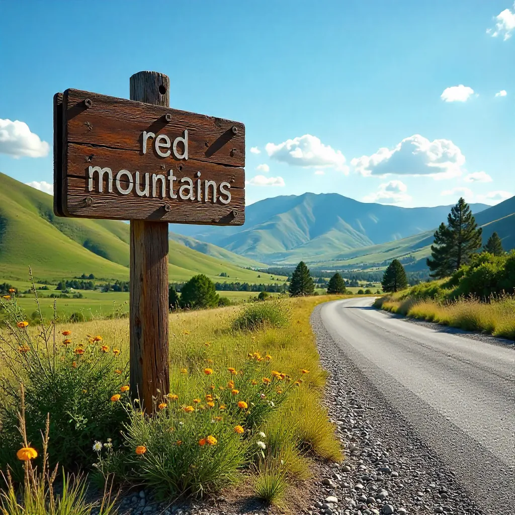 Red Mountains Sign Amid Emerald Hills