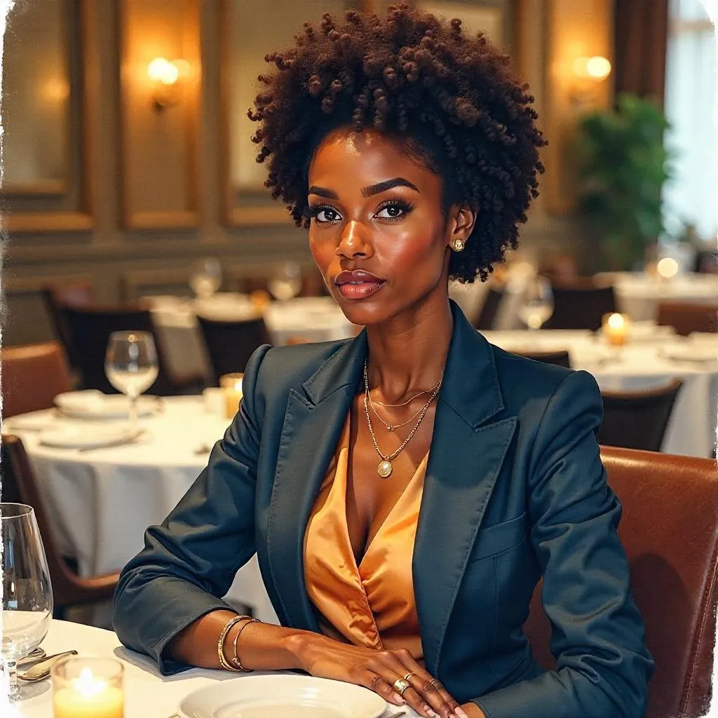 Confident Black Woman in a Watercolor Restaurant