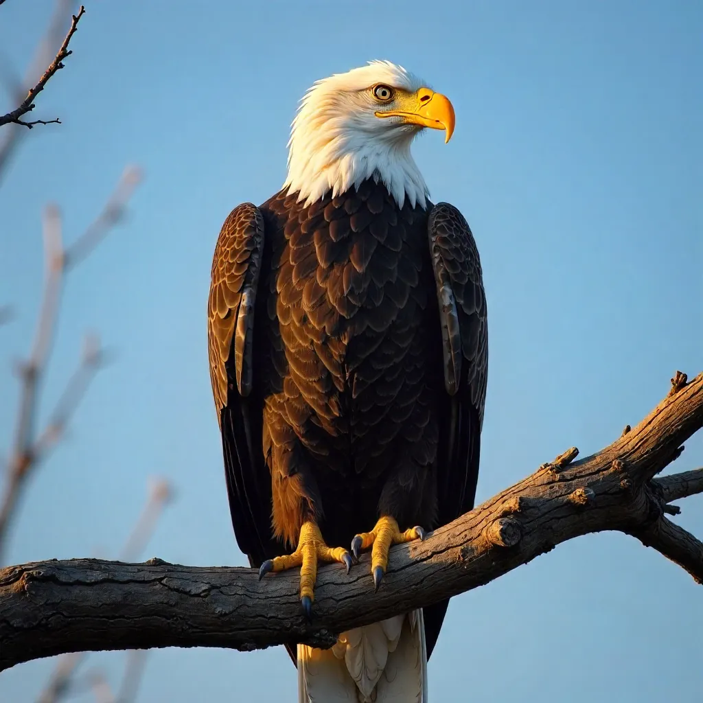 Majestic Bald Eagle on a Leafless Branch under a Clear Blue Sky