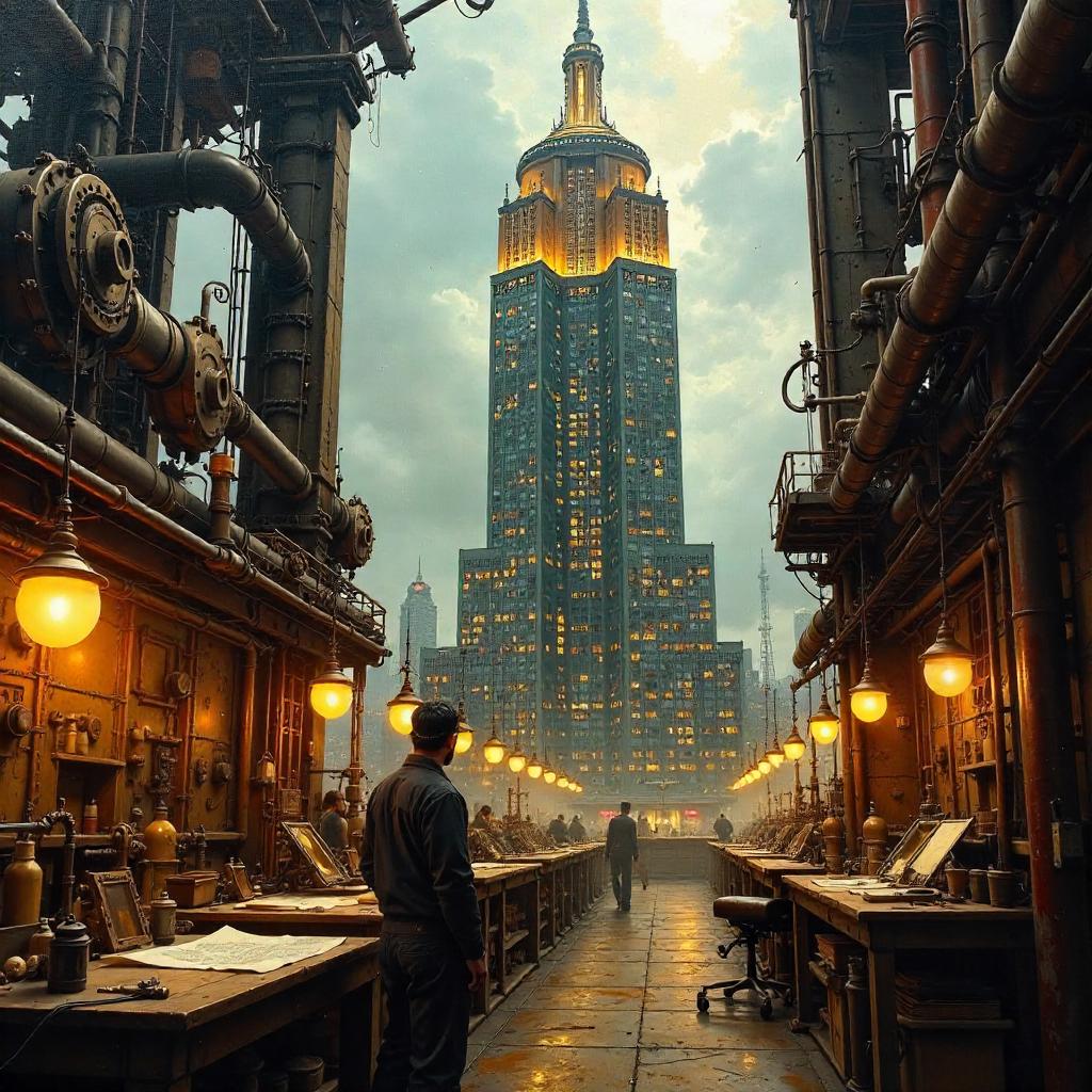 Skyscraper in a Steampunk Oil Painting Workshop