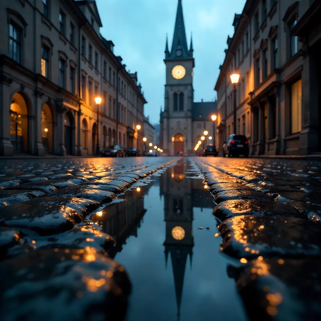 Reflection of a Historic Church Clock Tower in a Rain Puddle