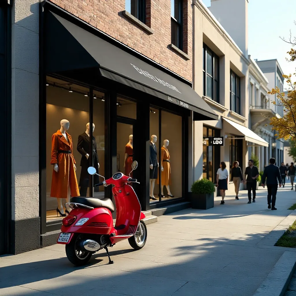 Sunny Urban Fashion Boutique Exterior with Red Scooter