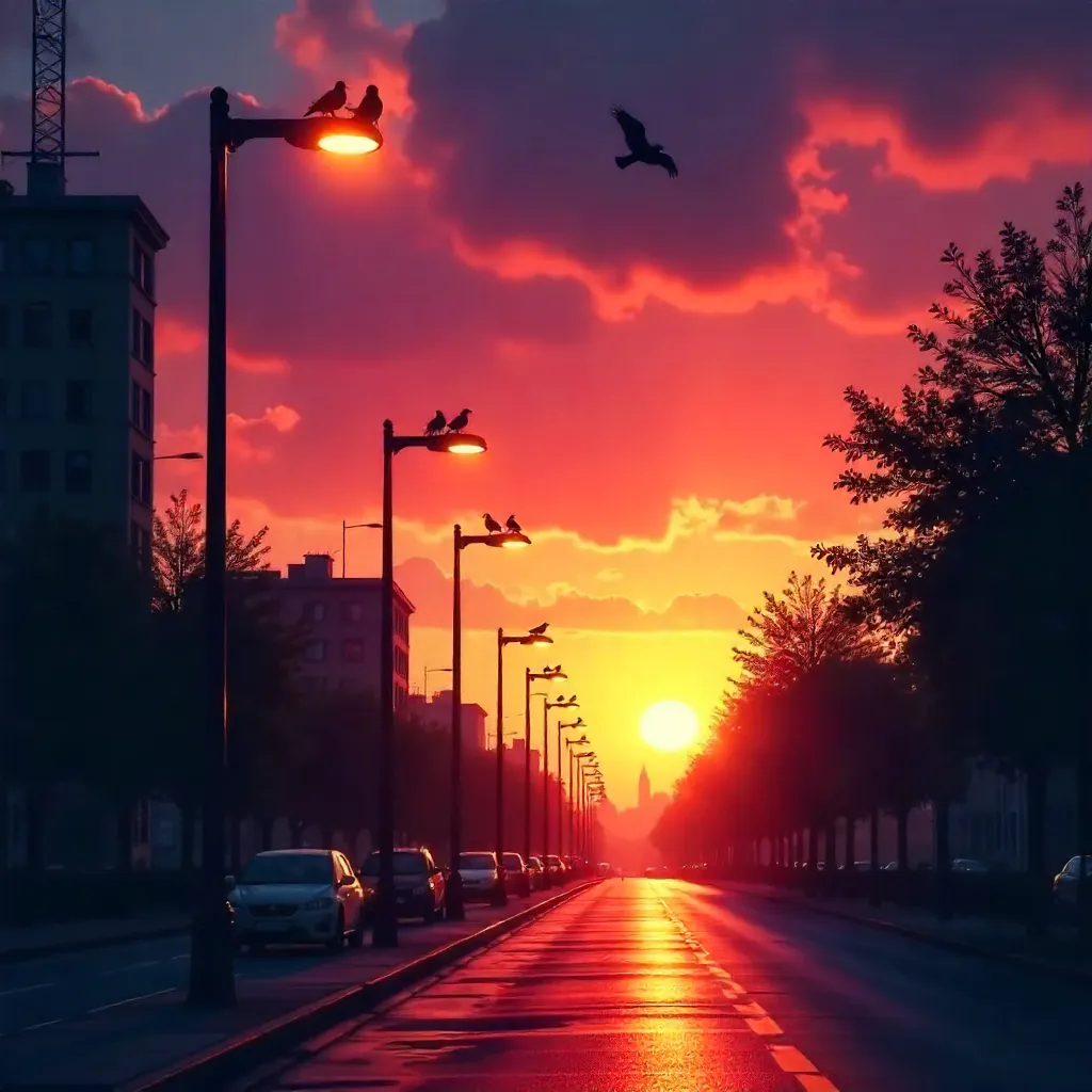 Silhouetted Lamps and Birds Against a Sunset Sky