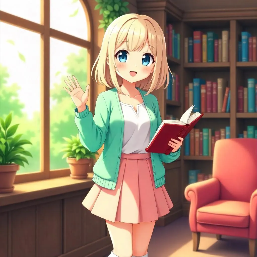 Cheerful Anime Girl in a Cozy Bookstore