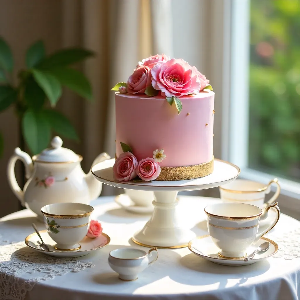 Pink Floral Cake with Elegant Tea Set