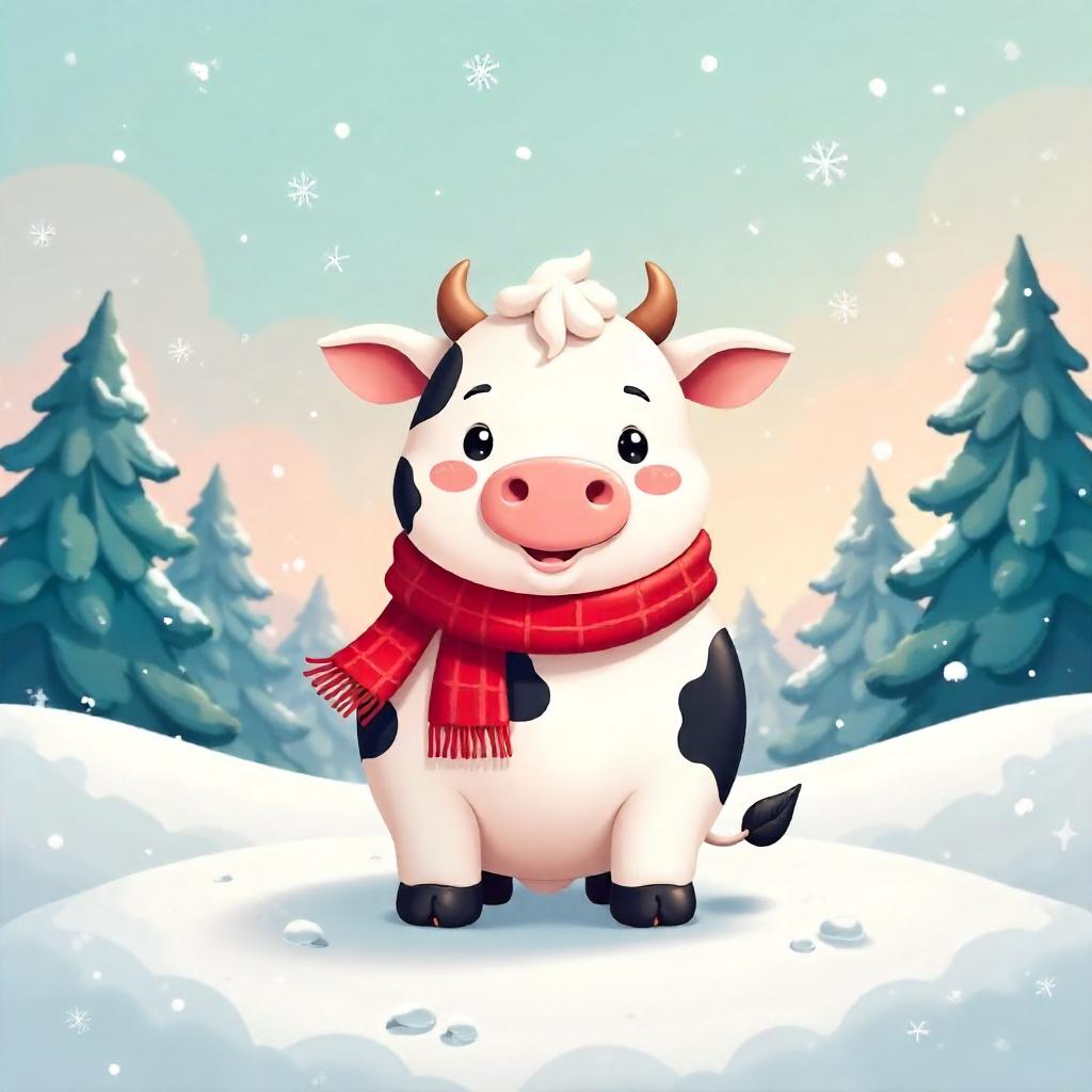 Cozy Cartoon Cow in a Snowy Landscape
