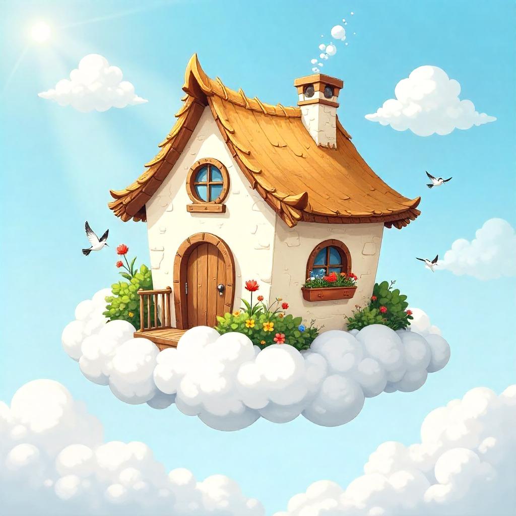 Floating Cloud Cottage Cartoon Style