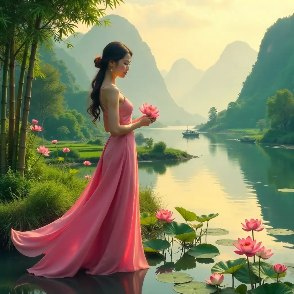 Graceful Pink-Dressed Woman with Lotus in Vietnamese Landscape